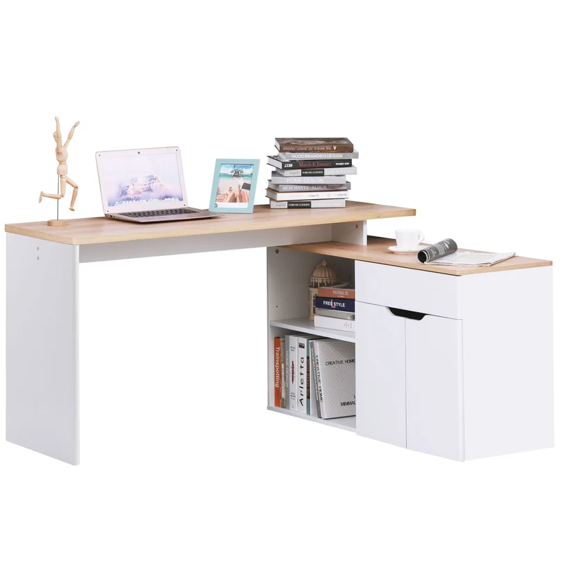 EasyComfort Scrivania Angolare con Libreria a 2 Ripiani, Armadietto e Cassetto, 140x117x76 cm, color Legno e Bianco
