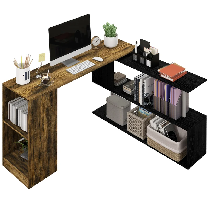 EasyComfort Scrivania Angolare Salvaspazio con Ripiano a S, in Legno, 140x120x78 cm, color Marrone e Nero