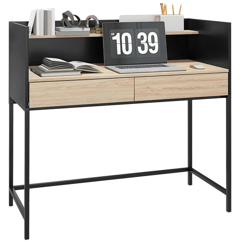 EasyComfort Scrivania 2 Cassetti con Ripiano Superiore, in Legno e Acciaio, 106x51.5x102.5 cm, Nero e color Quercia