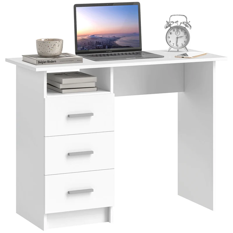 EasyComfort Scrivania Moderna in Legno con 3 Cassetti e Ripiano Aperto, 100x40x75 cm, Bianca e Marrone