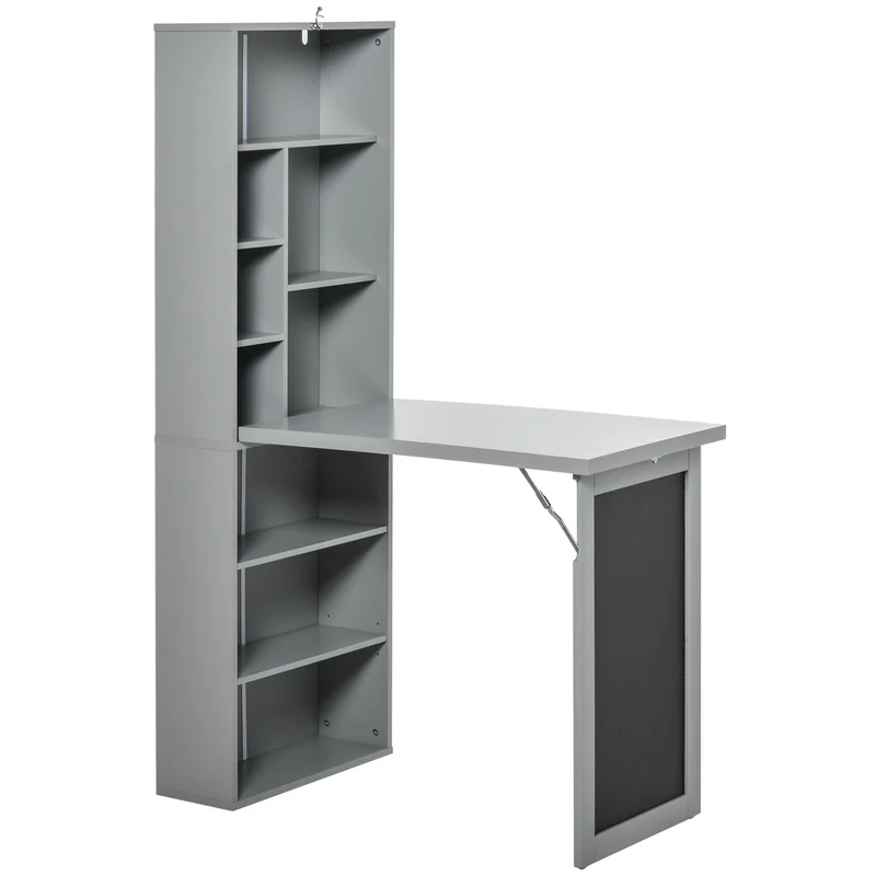 EasyComfort Scrivania PC Pieghevole con Libreria a 9 Ripiani in Legno e Metallo, 98x51x153 cm, Grigio