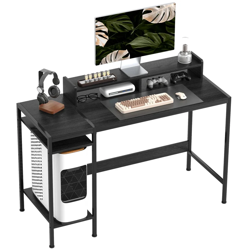 EasyComfort Scrivania PC con Supporto per Monitor e 2 Ripiani Regolabili, in Legno e Acciaio, 120x48x85.5 cm, Nero