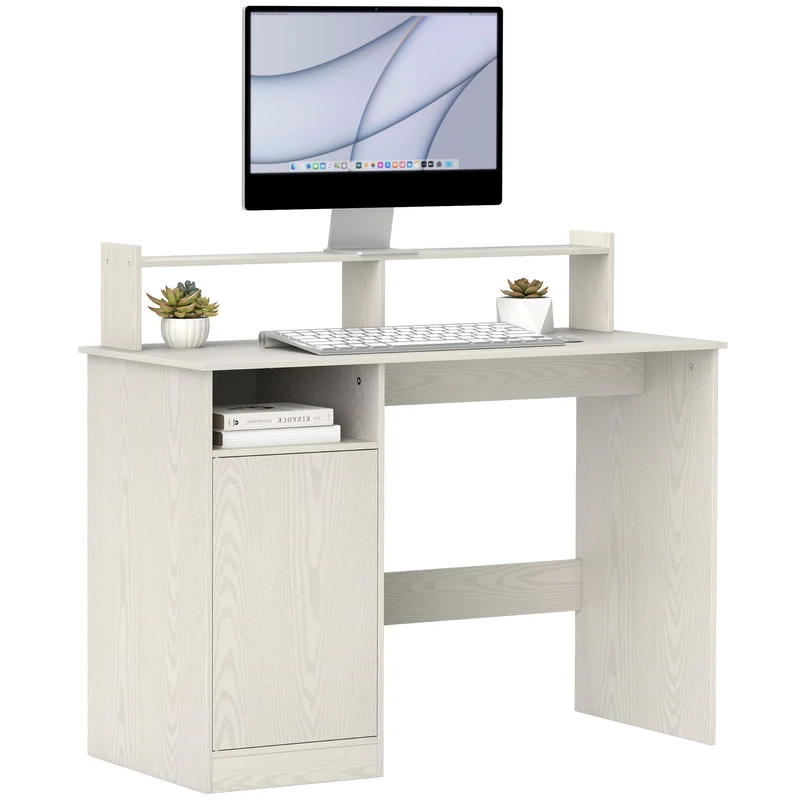 EasyComfort Scrivania Moderna con Supporto per Monitor, Armadietto e Ripiani, 108x50x94 cm, Crema