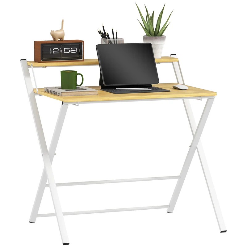 EasyComfort Scrivania Pieghevole con Ripiano Rialzato e Gambe a X, in Legno e Acciaio, 86x66x82 cm, Bianco e color Legno