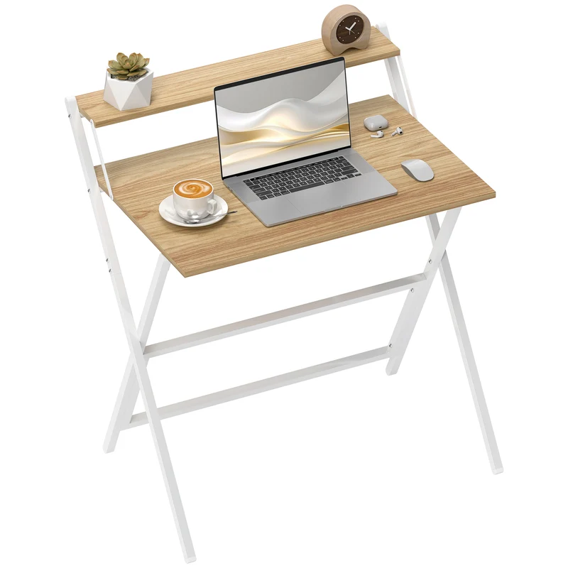 EasyComfort Scrivania Pieghevole con Ripiano per Monitor, 81.5x62x86.5 cm, Legno e Bianco