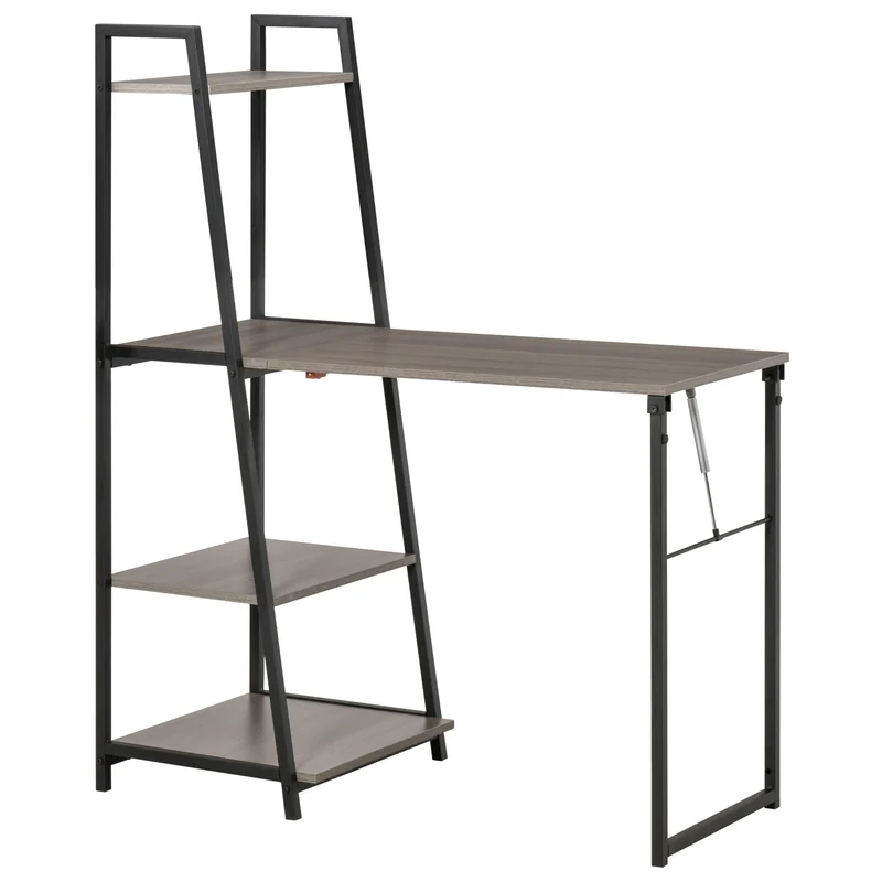 EasyComfort Scrivania Pieghevole con Libreria Salvaspazio a 4 Livelli in Metallo Nero e Legno Grigio, 106x48x128cm