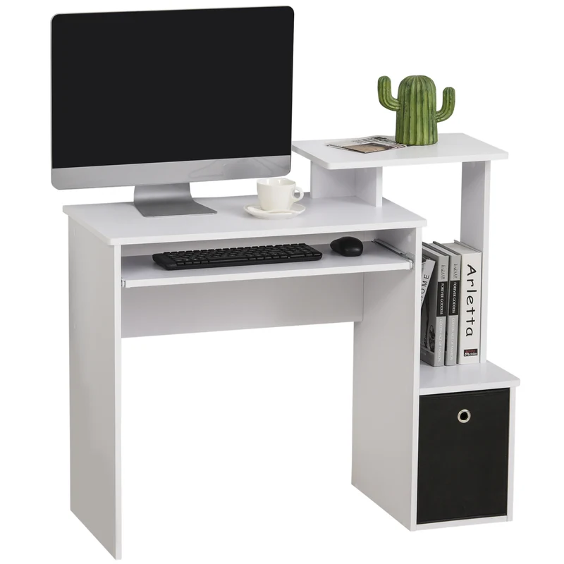 EasyComfort Scrivania Moderna con Mensola per Tastiera e Cassetto in Tessuto, 100x40x86.6cm, Bianco e Nero