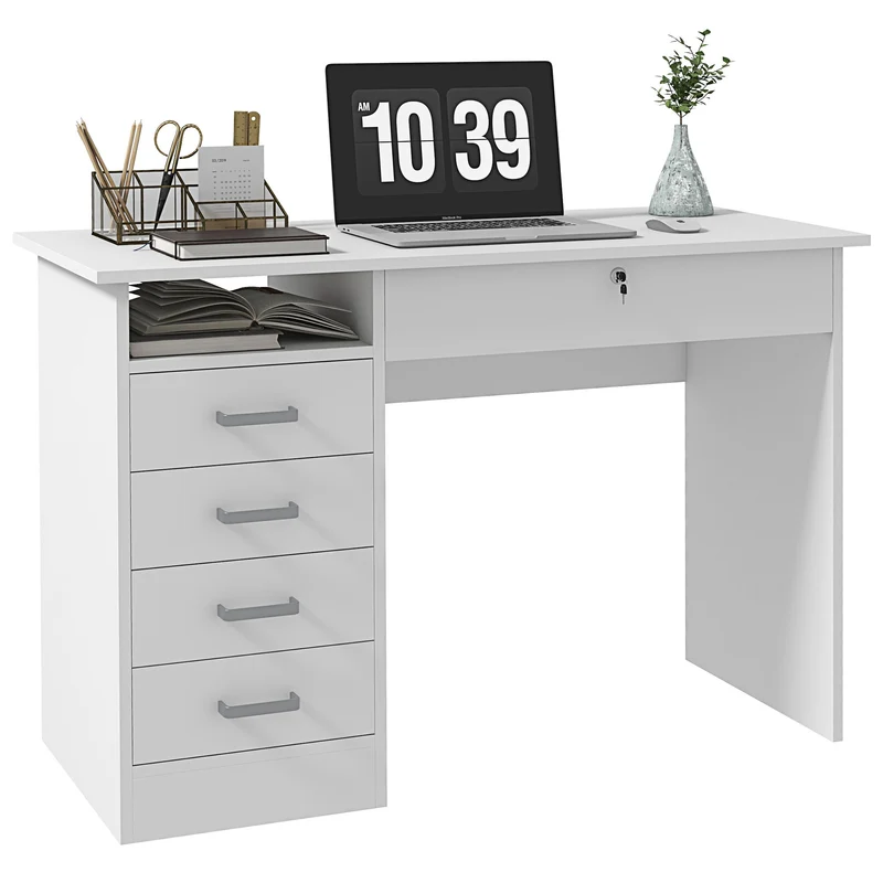 EasyComfort Scrivania Moderna con 5 Cassetti e Scomparto Aperto con Serratura e 2 Chiavi, 110x50x76cm, Bianco