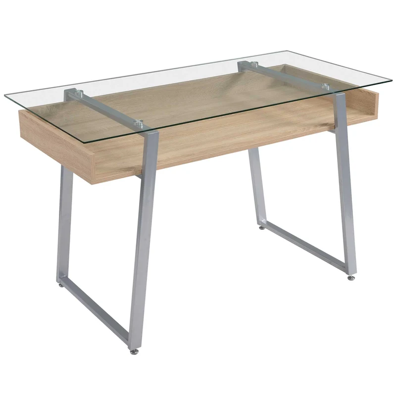Easycomfort Scrivania da Computer di Design con Piano in Vetro Temperato di 9mm e Telaio in Legno e Acciaio, per Casa Ufficio