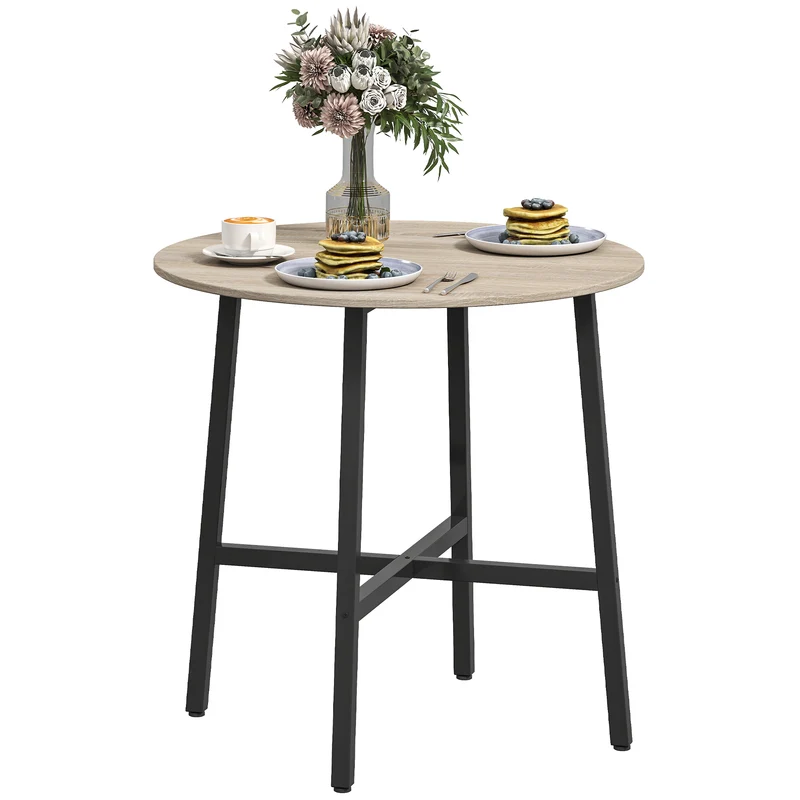 EasyComfort Tavolo da Pranzo Rotondo e Industriale per 2 Persone, in Legno e Acciaio, Ø80x75 cm, Nero e color Legno