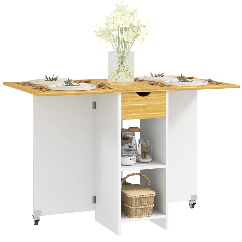 EasyComfort Tavolo da Pranzo Pieghevole per 2-4 Persone con 2 Ribalte, Cassetto e Ripiani, Quercia
