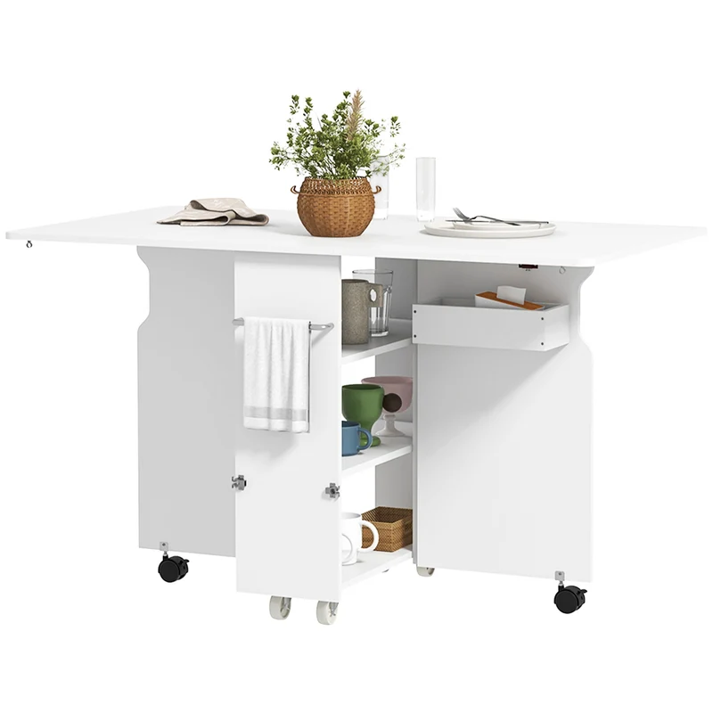 EasyComfort Tavolo a Ribalta Pieghevole con Ripiani a 3 Livelli, Box e Rotelle, in MDF, 130x80x76.5 cm, Bianco