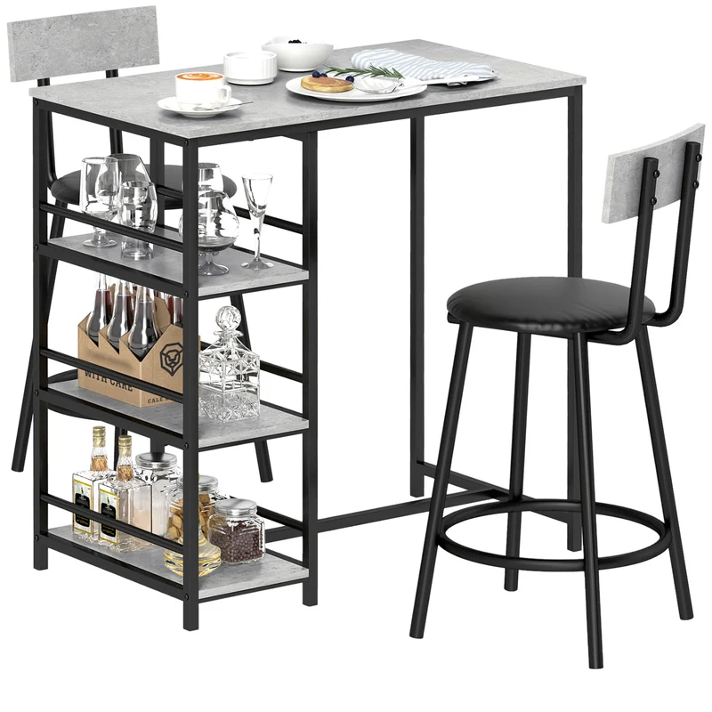 EasyComfort Set da Pranzo 3 Pezzi con Bancone Bar con Ripiani e 2 Sedie Alte con Schienale, Grigio Chiaro
