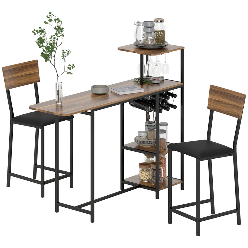 EasyComfort Set Bancone Bar Pieghevole e 2 Sgabelli Alti con Schienale, Portavini e Portacalici, Marrone