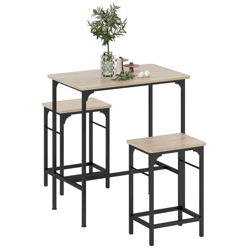 EasyComfort Arredamento Bar 3 Pezzi con Tavolo da Cucina e 2 Sgabelli da Bar in Legno e Acciaio, color Legno e Nero