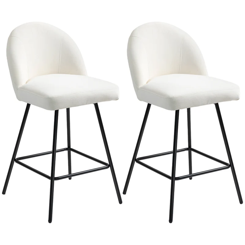 EasyComfort Set da 2 Sgabelli da Bar con Schienale in Velluto e Poggiapiedi in Acciaio, Bianco Crema