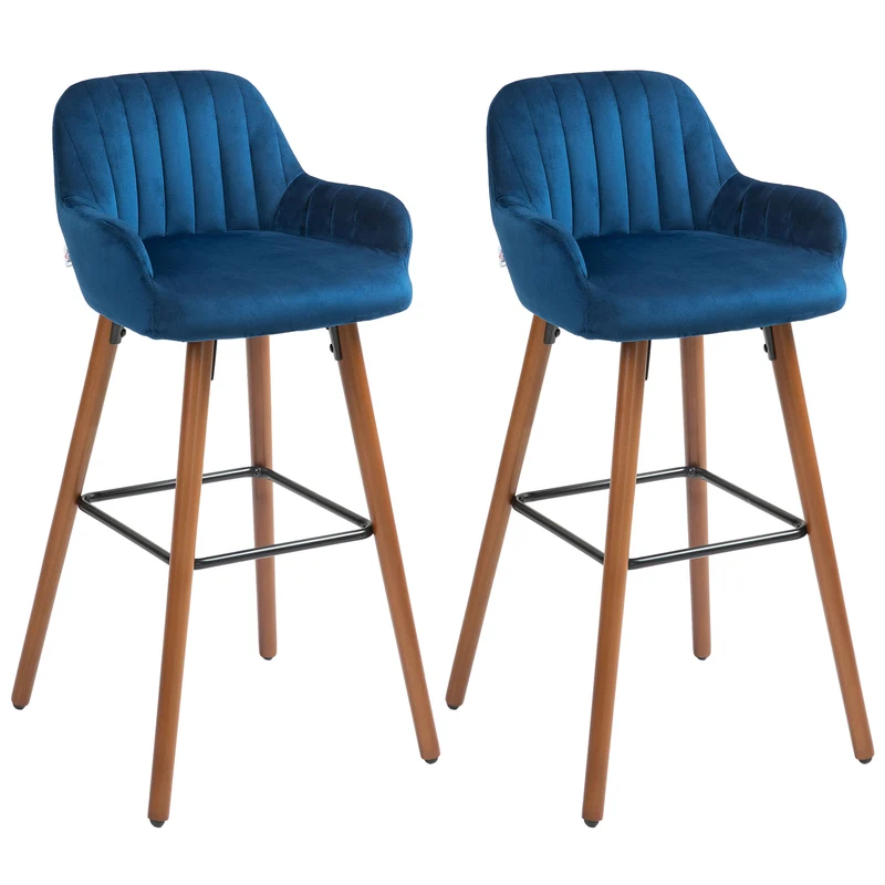 EasyComfort Set 2 Sgabelli da Bar Moderni in Velluto con Schienale e Braccioli, Base in Legno e Poggiapiedi, Blu Scuro