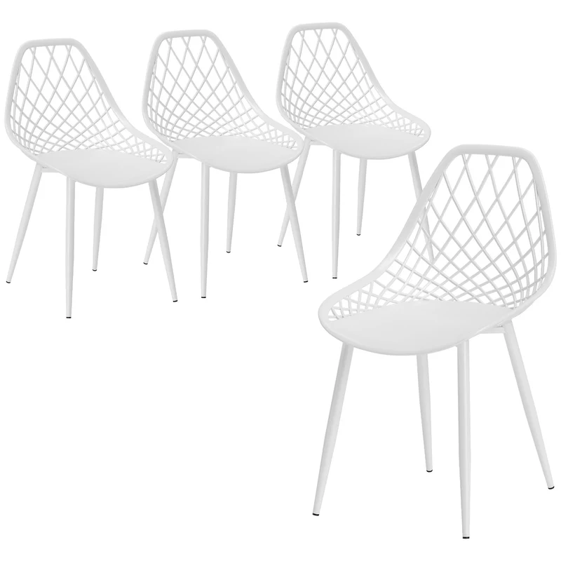 EasyComfort Set 4 Sedie da Pranzo Moderne con Schienale Traforato in Plastica e Gambe in Metallo, per Cucina e Soggiorno, Bianco