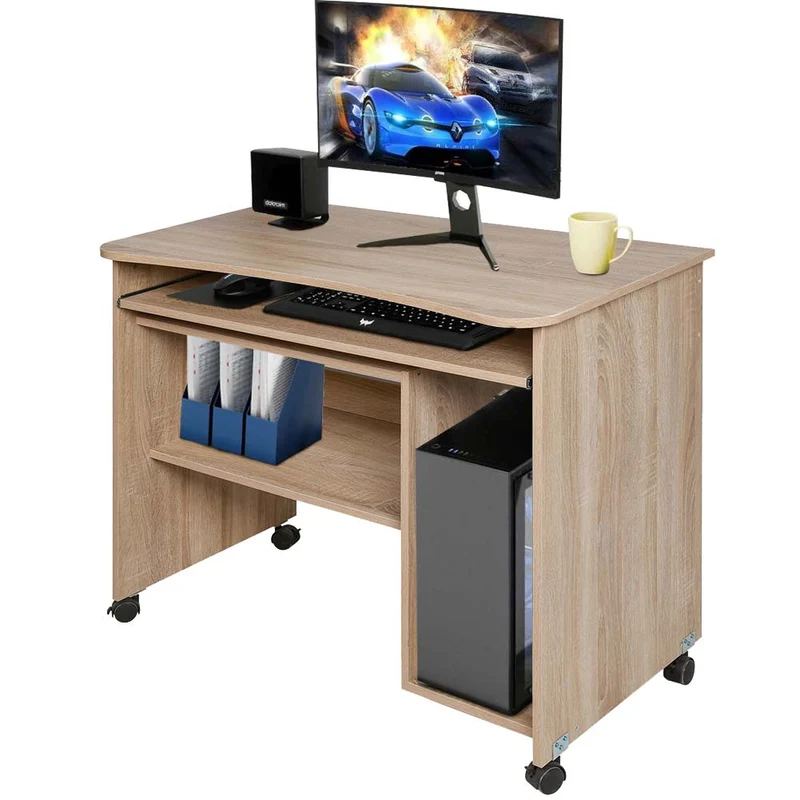 Scrivania con Ripiano Estraibile 93x48x76 cm con Ruote in MDF Quercia