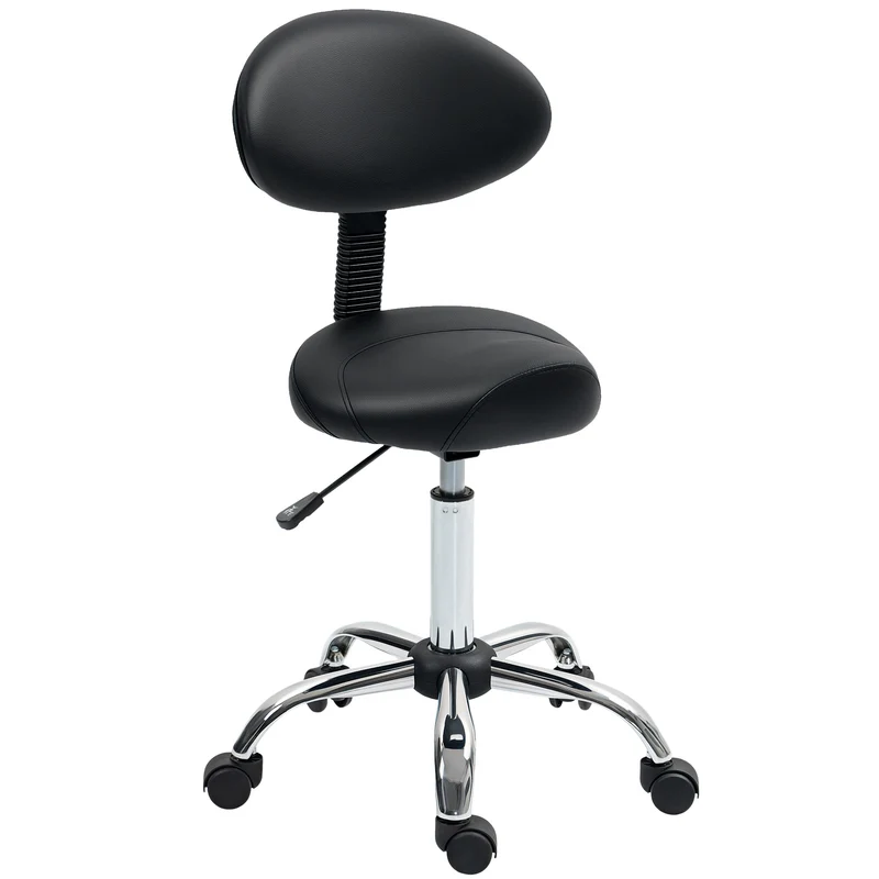 EasyComfort Sgabello Estetista con Ruote e Schienale, Altezza Regolabile e Seduta Girevole in Finta Pelle, Nero