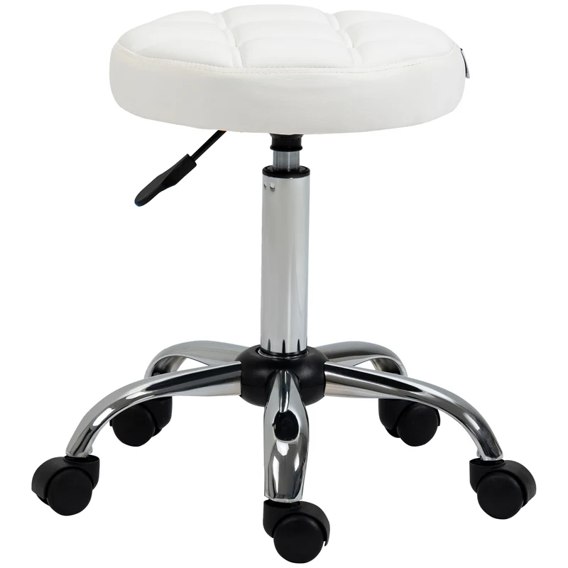 EasyComfort Sgabello Girevole Rotondo con Ruote, Altezza Regolabile e Rivestimento in Finta Pelle, Bianco