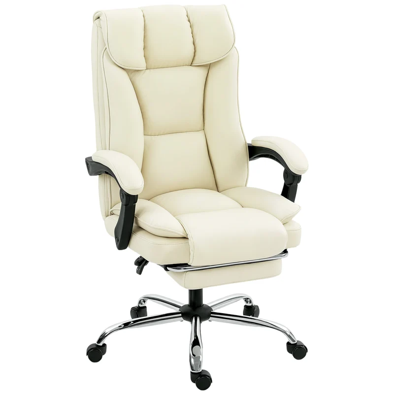 Sedia da Ufficio Reclinabile a 155° con Poggiapiedi Doppia Imbottitura e Rivestimento in Finta Pelle Beige