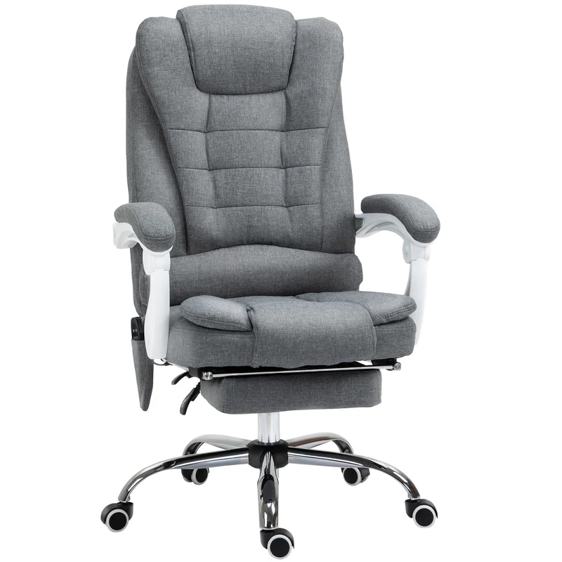 Poltrona da Ufficio 67x79x111-121 cm con Telecomando e 6 Punti di Massaggio in Tessuto Misto Velluto e Lino Grigio