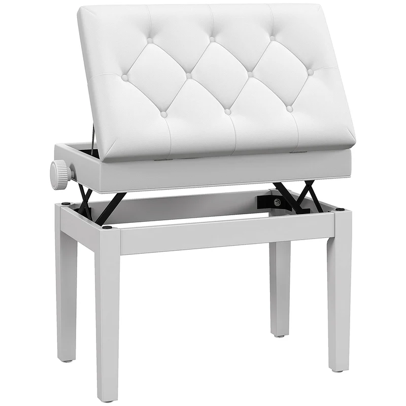 Sgabello Pianoforte 54,5x33x48-58 cm Regolabile con Vano Portaoggetti e Seduta Imbottita Bianco