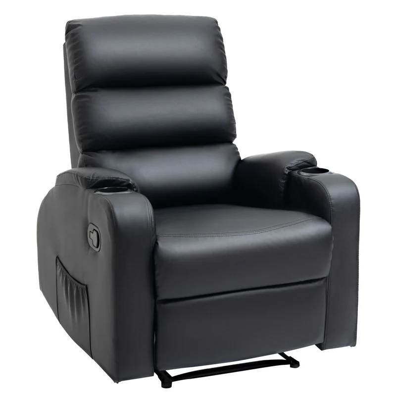 Poltrona Relax Reclinabile Manualmente a 165° con Poggiapiedi Portabicchieri e Tasca in Finta Pelle Nero