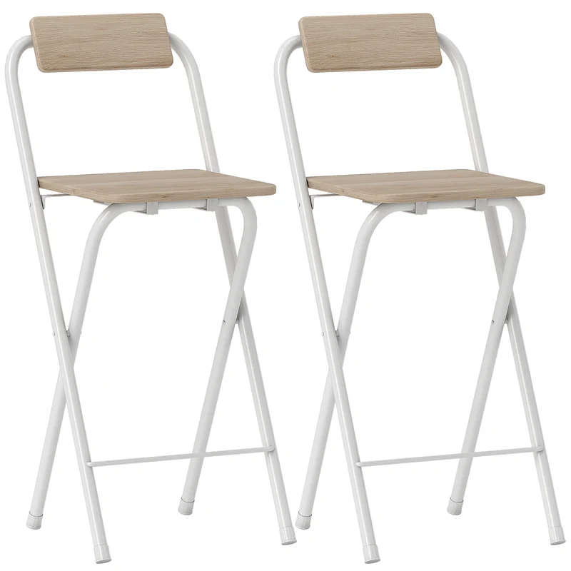 Set 2 Sgabelli da Bar Pieghevoli 37x45x87 cm con Poggiapiedi in Legno e Acciaio Bianco