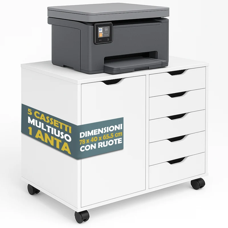 Cassettiera Mobile Ufficio Porta Stampante Salvaspazio 78x40x65,5 cm con Ruote in Legno Bianco