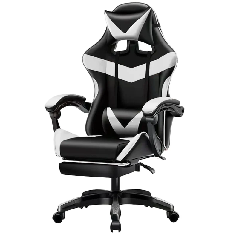 Sedia da Gaming Ergonomica con Poggiapiedi e Cuscini in PVC Bianco e Nero