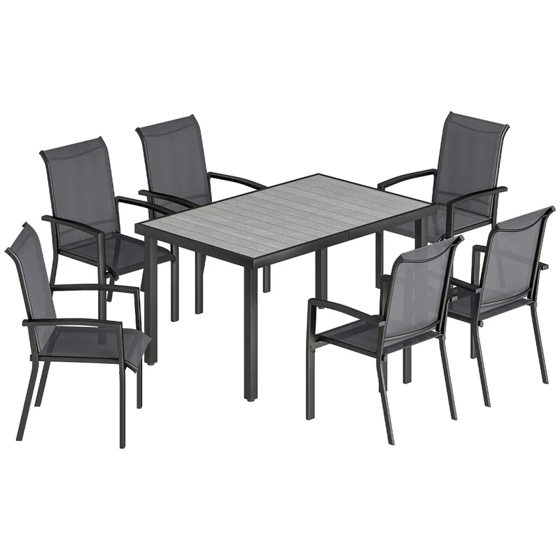 Set 7 Pezzi da Giardino con Tavolo a 2 Sezioni e 6 Sedie Impilabili in Texteline Grigio