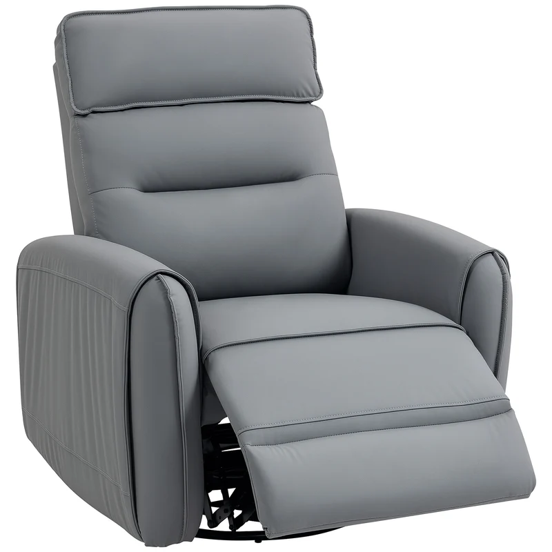 Poltrona Relax Reclinabile Manualmente con Poggiapiedi in Tessuto Effetto Pelle e Base Girevole Grigio