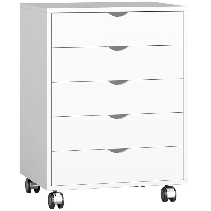 Cassettiera da Ufficio 50x40x67,5 cm con 5 Cassetti per Documenti A3 Ruote e Blocco Bianco