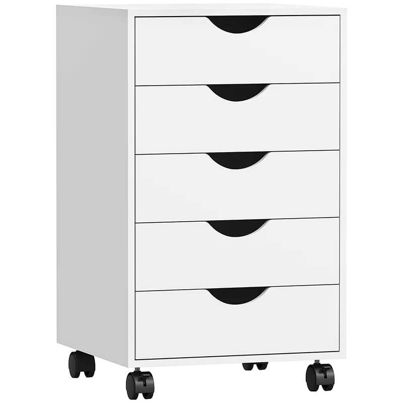 Cassettiera da Ufficio a 5 Cassetti 40x40x67 cm con Ruote Girevoli con Freni Bianco