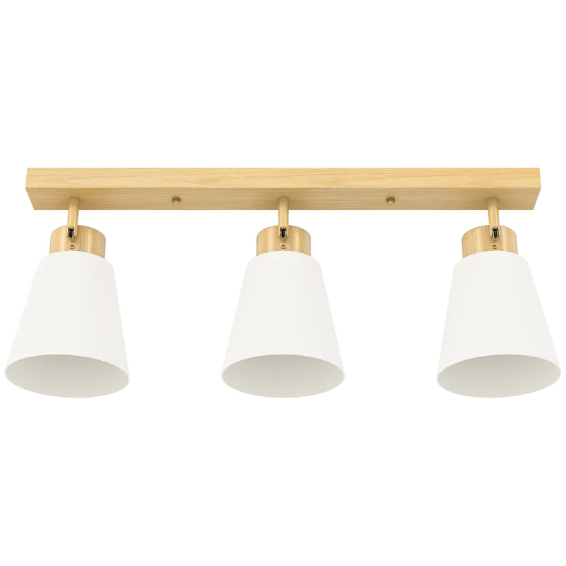 Lampadario da Soffitto con 3 Punti Luce Regolabili a 90° e Attacchi E27 in Acciaio e Vetro Color Legno