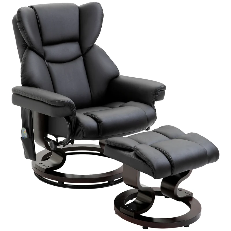 Poltrona Relax con Pouf Poggiapiedi e Funzione Massaggio Reclinabile a 145° e Girevole a 360° in Finta Pelle PU Nero