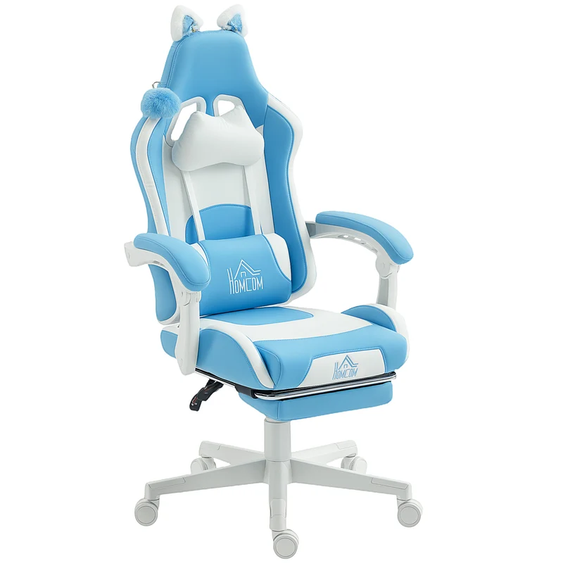 Sedia da Gaming Reclinabile 65x62x116-124 cm con Poggiapiedi e Cuscini in Finta Pelle e Spugna Bianco e Azzurro