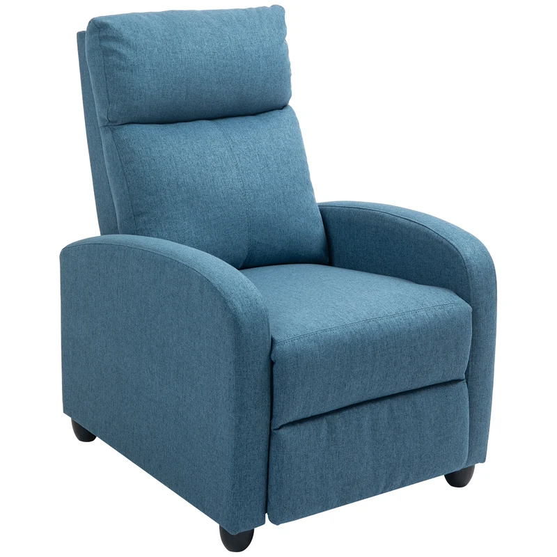 Poltrona Reclinabile 69x88x101 cm Imbottita con Poggiapiedi in Tessuto Effetto Lino e Acciaio Blu