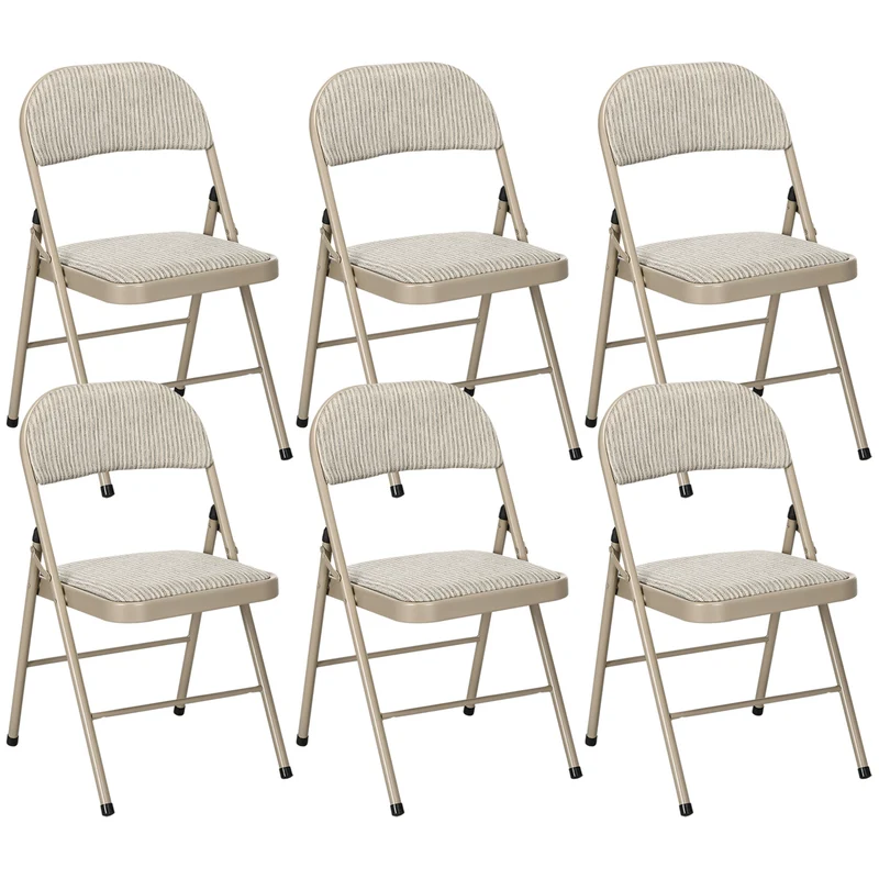Set di 6 Sedie Pieghevoli Moderne 45x46x78 cm in Acciaio e Tessuto Effetto Lino Beige