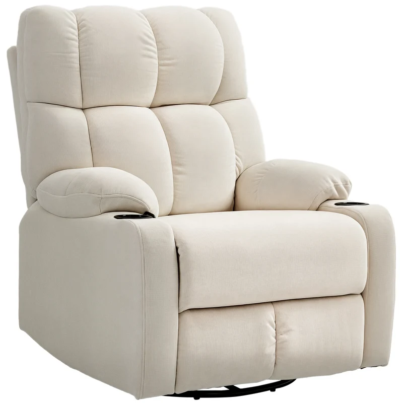 Poltrona Relax Reclinabile 135° 88x96x108 cm con Portabicchieri e Poggiapiedi in Tessuto Effetto Lino Beige