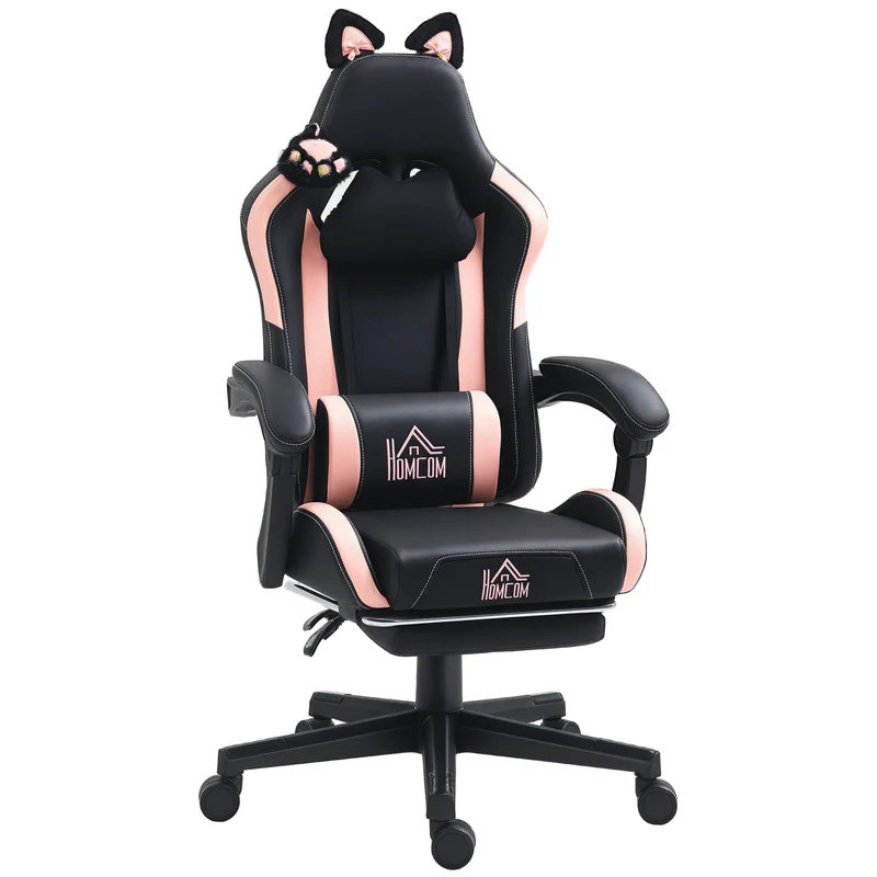 Sedia da Gaming Ergonomica con Orecchie da Gatto Poggiapiedi Retrattile e Schienale Reclinabile 135° Rosa e Nero