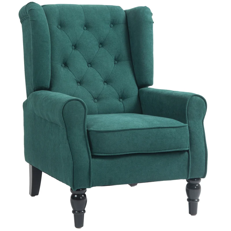 Poltrona per Salotto in Stile Francese 74x86x102 cm Rivestimento Effetto Lino Verde Scuro