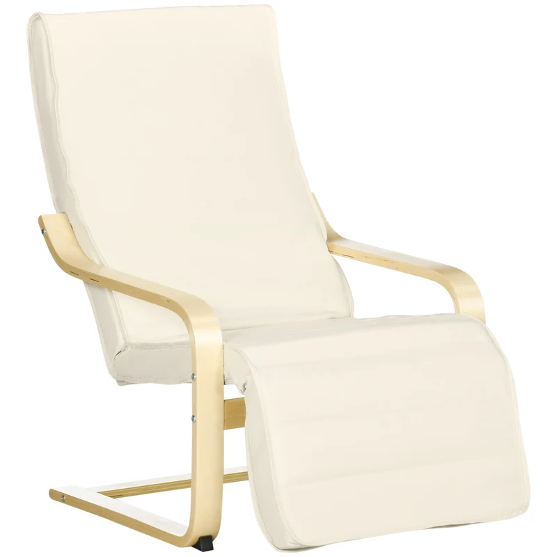 Poltrona Relax 66,5x94x100 cm con Poggiapiedi a 5 Livelli in Legno di Betulla e Tessuto Crema