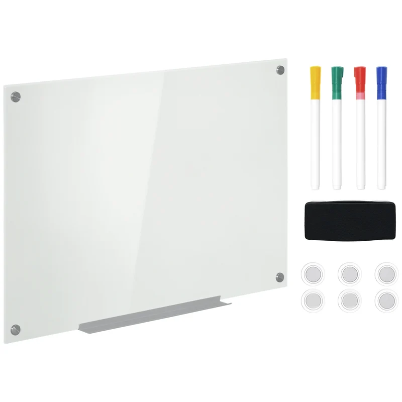 Lavagna Bianca 90x60x0,4 cm con 4 Pennarelli Colorati e Cancellino in Vetro e Alluminio Satinata