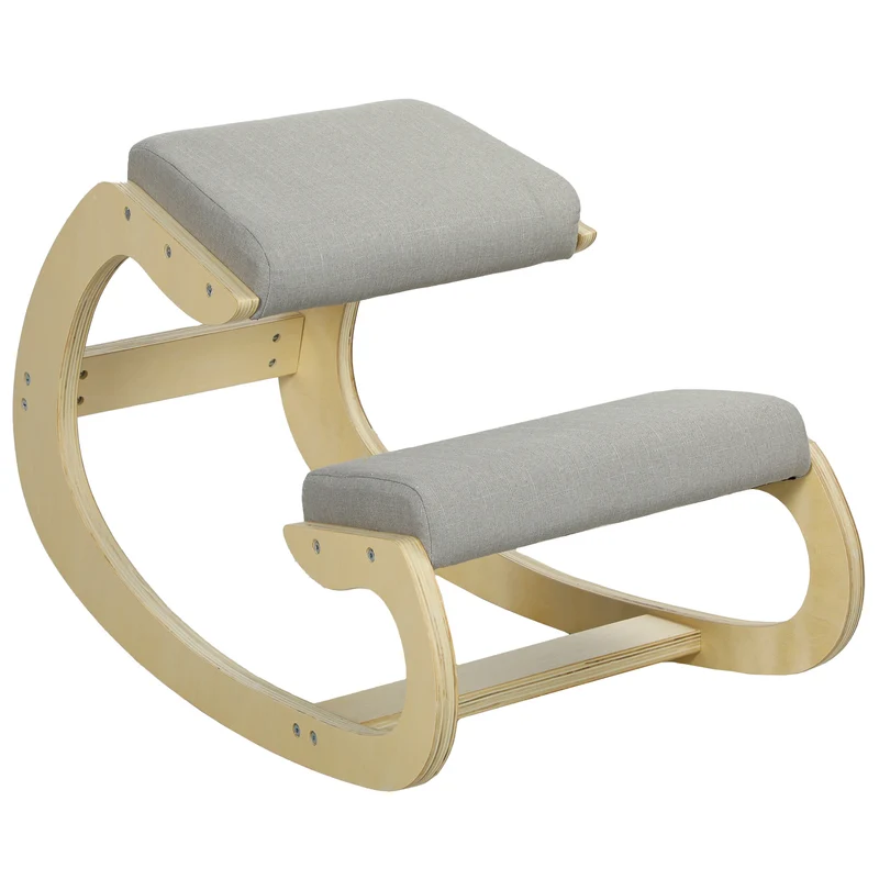 Sedia Ergonomica con Inginocchiatoio 55x85x55 cm Reclinabile in Tessuto Effetto Lino e Legno Grigio Chiaro
