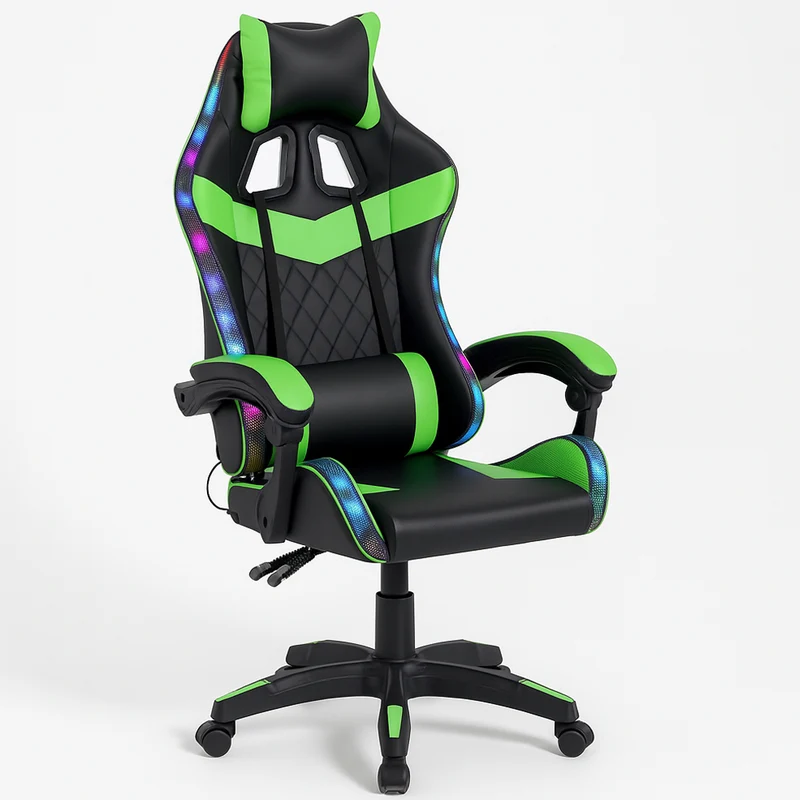 Sedia da Gaming con Led RGB Altezza Regolabile 106-116 cm in Pelle PU Verde e Nero