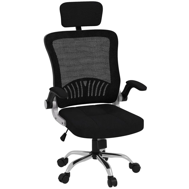 Easycomfort Sedia da Ufficio con Poggiatesta e Altezza Regolabili, Tessuto a Rete e Braccioli Ribaltabili, Nero