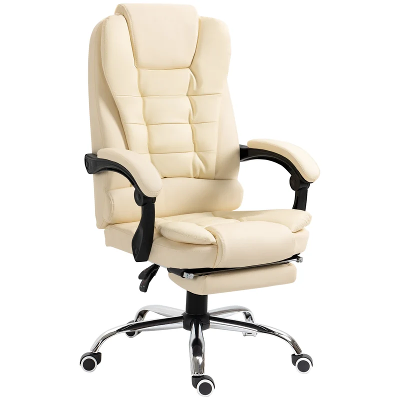 Easycomfort Poltrona Presidenziale in Similpelle Bianca con Schienale Reclinabile 145° e Poggiapiedi, 64.5x69x109-117 cm
